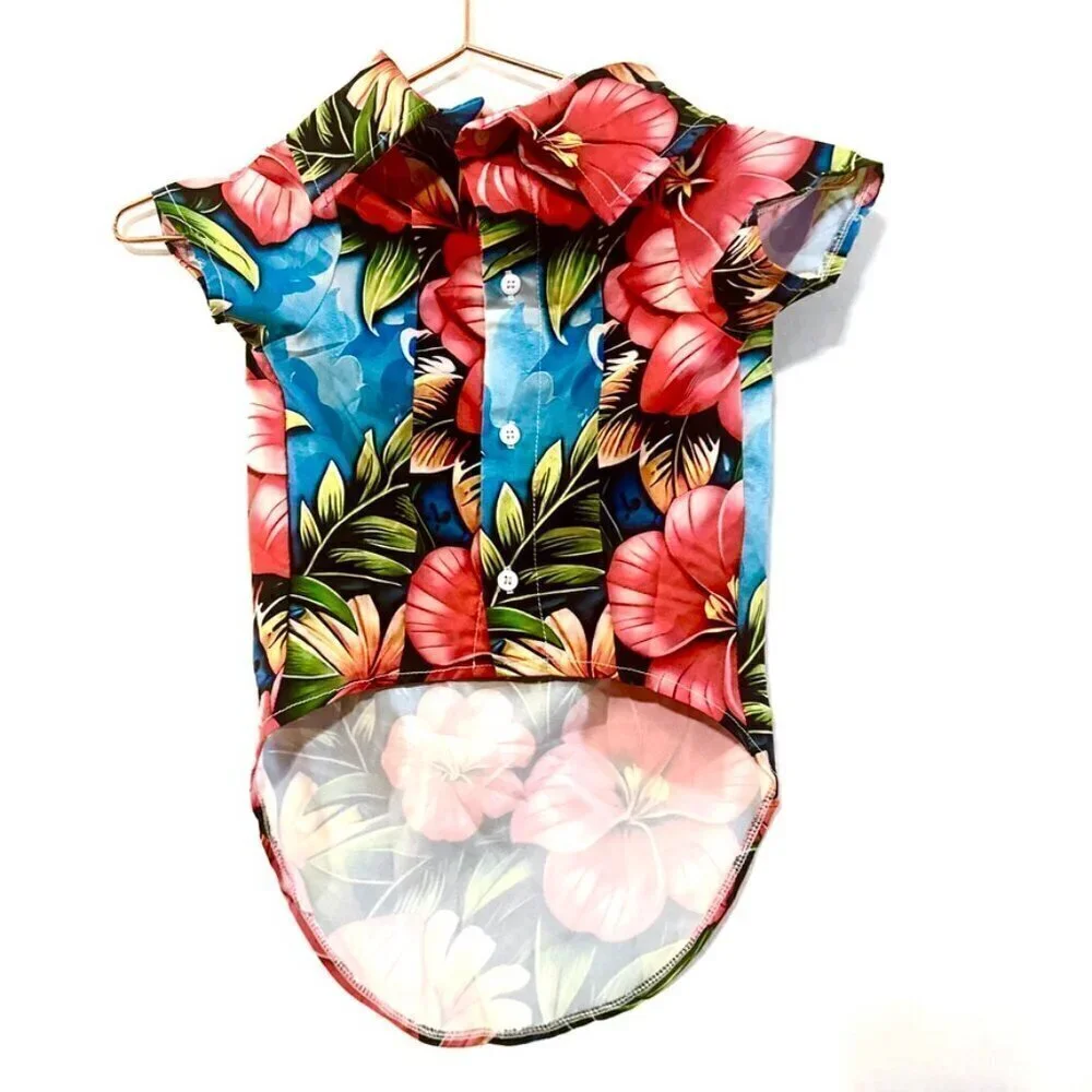 Dog Floral Hawaiian Shirt Medium  Hibiscus Pink Flowers, Stocking Stuffer NWT
